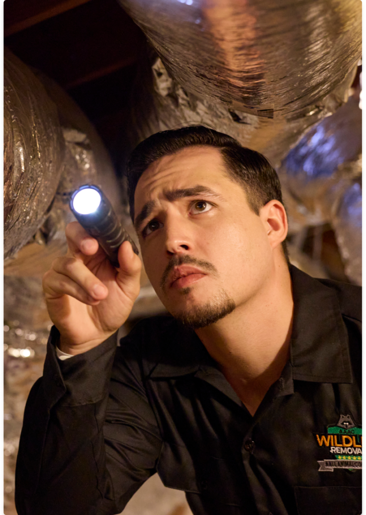 attic_inspection Wildlife removal technician conducting a detailed attic inspection with a flashlight, examining ductwork for signs of animal intrusion or damage.