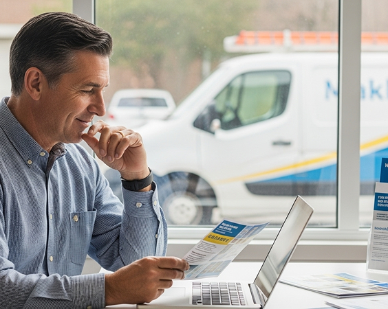 Focused professional reviewing service documents at a desk with a laptop