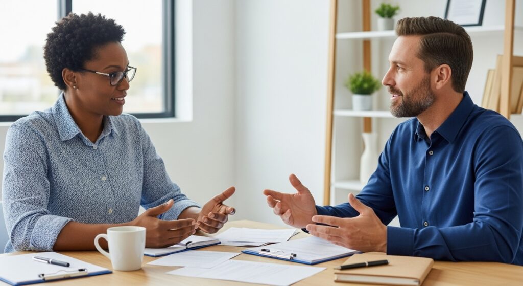 Two professionals having a collaborative business discussion