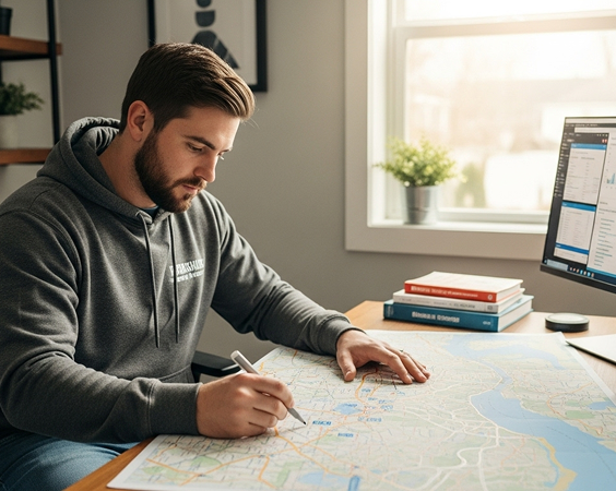 Man in a hoodie reviewing a large city map at a desk, planning service routes or territory coverage with focus and strategic intent.
