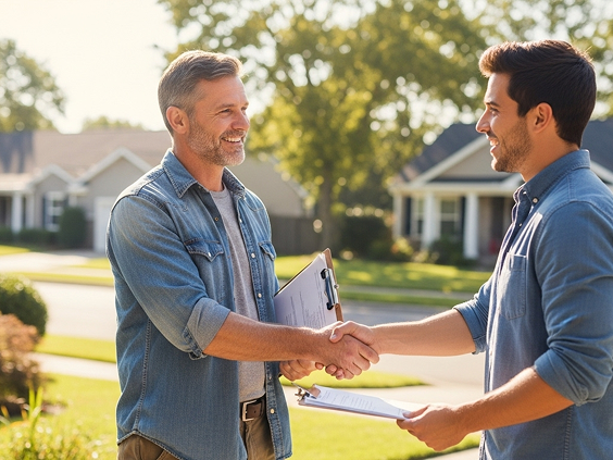 trusted_partnership Two men shaking hands outdoors in a suburban neighborhood, both smiling and holding paperwork, representing trust, agreement, and professional partnership.